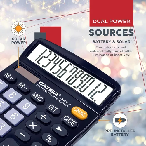 Vista 5 de CATIGA CD-2786 - Calculadora de escritorio de 12 dígitos con pantalla LCD grande y botón sensible, energía solar dual y batería, función estándar