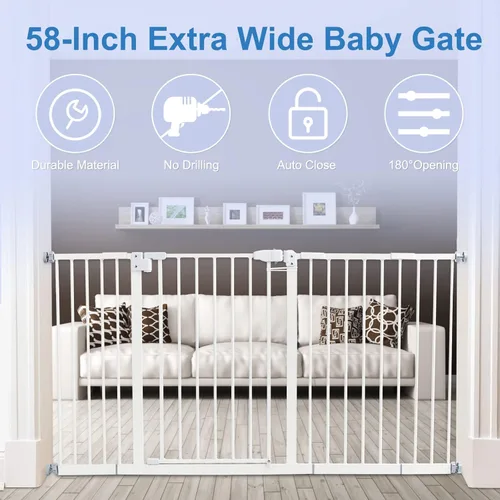 Vista 6 de Kinfant Puerta extra ancha para bebé, puerta blanca de 58 pulgadas y escalera, puerta de presión alta y ajustable para mascotas, con kit