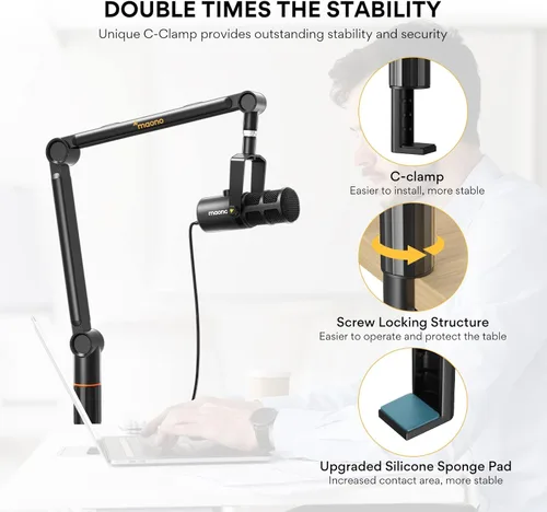 Vista 4 de Maono Brazo de brazo de micrófono, resistente y estable ajustable 360 Soporte de brazo giratorio para micrófono con adaptador de 38 a 58 pulgadas