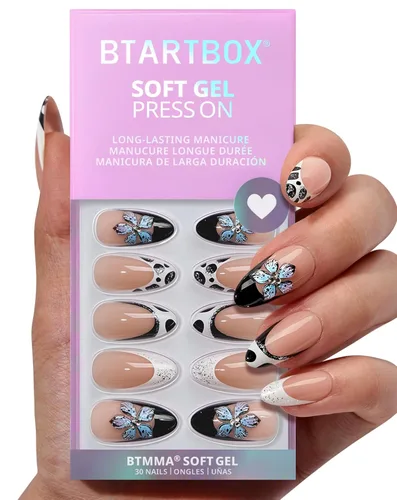 Vista 19 de BTArtbox Uñas Postizas Cortas a Presión - Uñas Postizas de Gel Suave Blanco a Presión, Puntas de Uñas Cuadradas Cromadas con Pegamento, Uñas