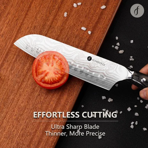 Vista 5 de Juego de 4 cuchillos de cocina profesional, juego de cuchillos de chef de acero inoxidable alemán de Damasco con caja de madera, cuchillo de chef