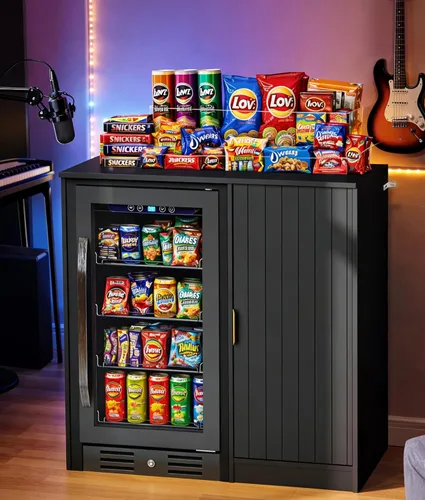 Vista 4 de Lamtor Barra de café con espacio para mini refrigerador, gabinete de barra de café con toma de corriente, mini gabinete de nevera estriado