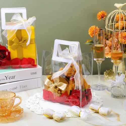 Vista 7 de PerKoop 48 bolsas de regalo transparentes con asas, bolsa de regalo de PVC transparente, bolsas de regalo reutilizables resistentes con 10 rollos