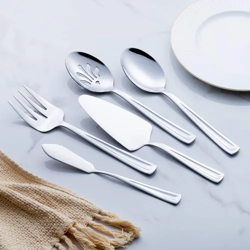 Vista 2 de GoGeiLi - Juego de utensilios de servir de 5 piezas de acero inoxidable, incluye servidor de pastel, cuchara de servir, cuchara de servir, cuchara