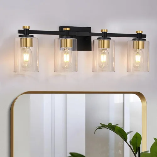 Vista 13 de Lámpara de tocador de baño, 2 luces, lámparas de baño negras con pantalla de vidrio transparente de globo transparente, aplique de pared negro mate