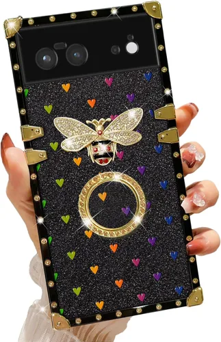 nancheng for Google Pixel 6 Case for Girls Women Stylish Luxury Bees Design Case with Ring Stand Holder + Strap Lanyard Shockproof Protection Cover
