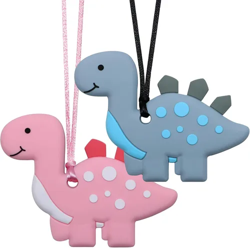 Vista 8 de Collares masticables para niños sensoriales, collar masticable de dinosaurio de silicona para niños con autismo, TDAH, SPD, collares de masticación