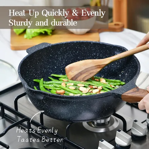Vista 3 de Sartén antiadherente con tapa y espátula, sartén para saltear de 12 pulgadas/5.5 cuartos de galón, sartén de granito antiadherente con esponja