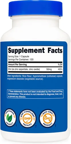 Vista 5 de Nutricost Quelato de zinc de 50 mg, 120 cápsulas vegetarianas, sin gluten y sin OMG