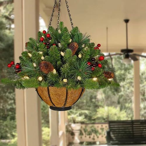 Vista 2 de Assilyraft Cesta colgante de Navidad artificial preiluminada de 18 pulgadas con bayas rojas, conos de pino, 40 luces LED multifuncionales C3