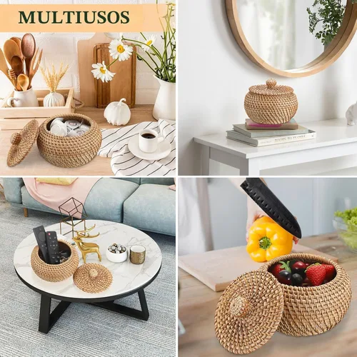 Vista 5 de Hipiwe Cajas de Cestas Redondas de Ratán con Tapa Tejidas a Mano, Cestas de Almacenamiento de Mimbre, Contenedor, Cesta Decorativa Multiusos