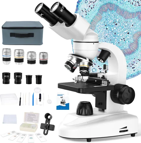 MAXLAPTER Microscopio binocular para adultos y niños: microscopio compuesto profesional 40X-1000X con diapositivas y etapa mecánica dual - Kit para