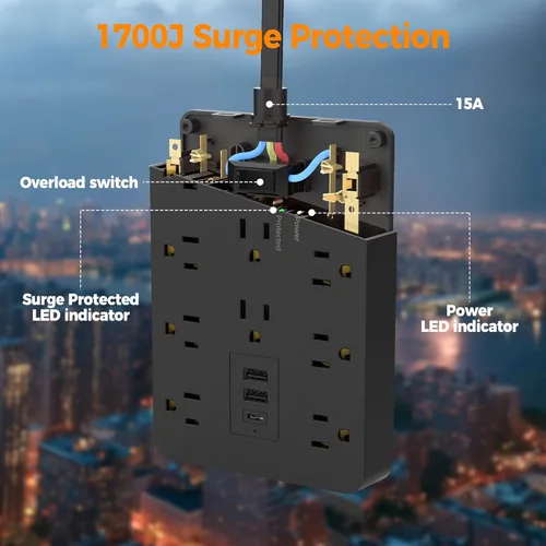 Vista 2 de TESSAN - Tira de alimentación negra con protector de sobretensiones, cable de extensión de enchufe plano de 10 pies con 10 salidas de corriente