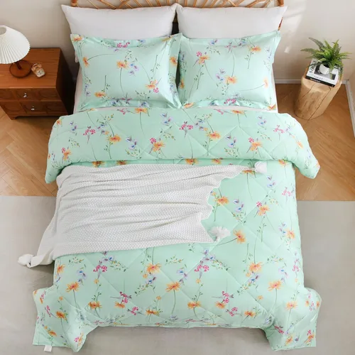 Vista 8 de JSD Juego de edredón floral verde tamaño King, edredón alternativo de plumón de microfibra botánica de 3 piezas con fundas de almohada, ligero