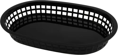 Vista 3 de Paquete de 30 cestas de plástico negro de 10.5 x 7 pulgadas, cestas de servicio de restaurante, cesta plana ovalada de comida rápida para picnic