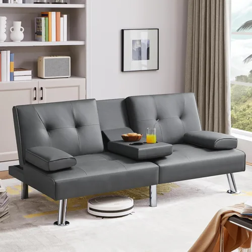 Vista 51 de Yaheetech Sofá biplaza cama, convertible, tela, ajustable, moderno, reclinable, reversible, plegable, reposabrazos extraíbles, portavasos, 3