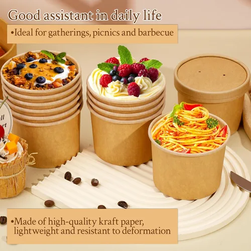 Vista 3 de Paquete de 50 recipientes de papel de 12 onzas con tapas, cuencos de sopa de papel desechables, cuencos para llevar con tapas, cuencos de postre