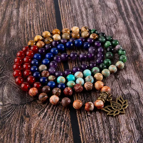 Vista 8 de Bivei 7 Chakra 108 Mala Beads Bracelet Real Gemstone Yoga Meditation Hand Knotted Mala Prayer Bead Necklace