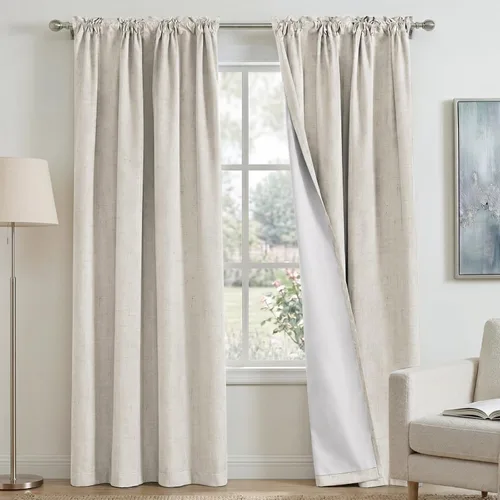 Vista 10 de PrinceDeco Cortinas de lino natural de 45 pulgadas para ventana pequeña, bolsillo para barra, cortinas opacas completas con forro blanco, paneles