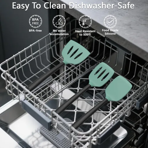 Vista 5 de Coukre Juego de 3 espátulas de silicona, resistentes a altas temperaturas, sin BPA, espátulas para pescado, mango sólido y ranurado para sartenes