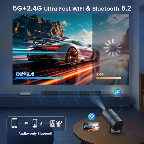 Vista 5 de Miniproyector portátil con WiFi y Bluetooth, soporte para proyector de películas 1080P HD, corrección trapezoidal automática, giratorio 180°