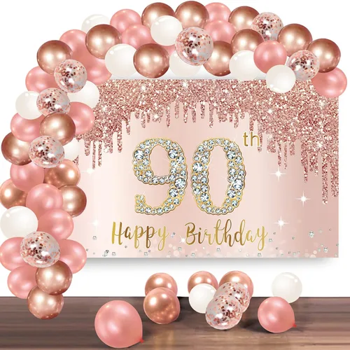 Vista 9 de Cartel de feliz cumpleaños 13 con arco de guirnalda de globos de confeti, juego de globos de oro rosa para niñas, póster de cumpleaños rosa de 13