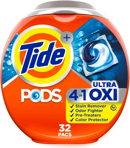 Tide 4-N-1 Ultra Oxi Pods - Paquete de detergente para ropa, 32 unidades, compatible con él, pretratamiento integrado para manchas