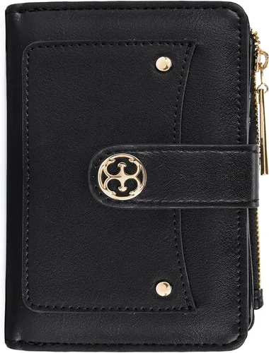 Missnine Billetera pequeña para mujer RFID compacta cartera de cuero vegano plegable para mujer con tarjetero y monedero, Negro (Solid-Black),