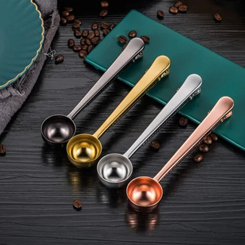 Vista 7 de Cuchara de café con clip de cucharada de acero inoxidable Cuchara de café con mango largo multifunción Bolsa de sellado Clip para té, café, proteína