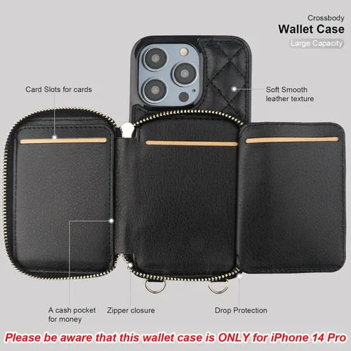 Vista 7 de Bocasal Funda tipo cartera cruzada para iPhone 14 Pro, con bloqueo RFID, de piel sintética, con cremallera, funda tipo cartera con función atril