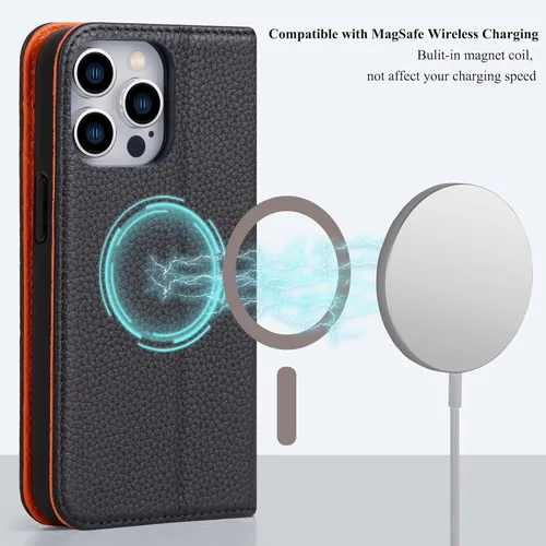 Vista 3 de VISOUL Pebbled - Funda de piel auténtica para iPhone 15 Pro Max con soporte para tarjetas, funda magnética con función atril para iPhone 15 Pro Max