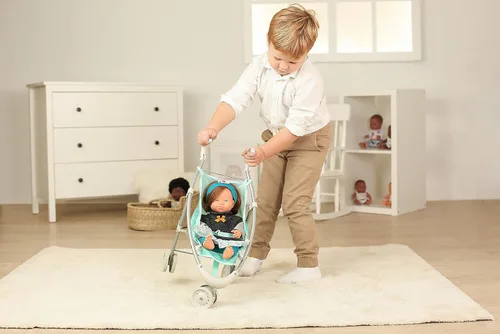 Vista 4 de Miniland Cochecito de muñeca en color menta hasta 15 pulgadas Muñecas. Estructura plegable con rueda direccional fabricada en aluminio y telas