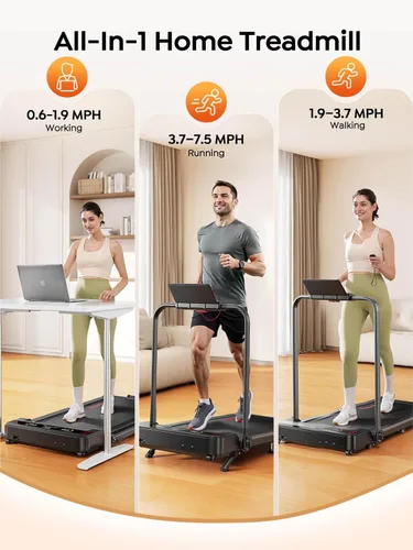 Vista 5 de Walking Pad Treadmill with 9% Incline & Dual LED Display, 4 in 1 Foldable Treadmill with Handle bar for Home/Office, 3.5HP Portable Under Desk