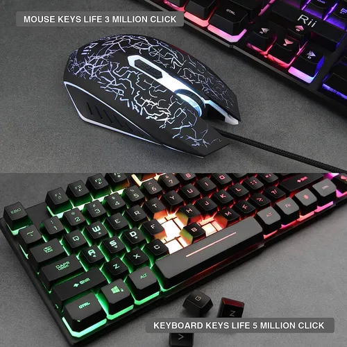 Vista 5 de Rii - Set de teclado y ratón, teclado multimedia para PC con retroiluminación LED arcoíris, ratón para juegos con retroiluminación colorida