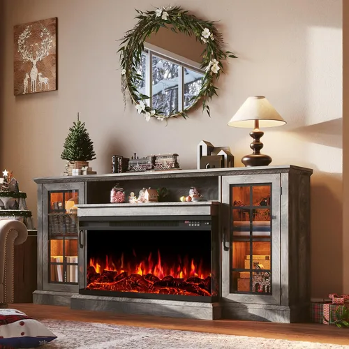 Vista 14 de Soporte de TV con Chimenea de 59'', Centro de Entretenimiento de Medios con Vidrio de 3 Lados, Mesa Consola para TVs hasta 65'' con Puerta