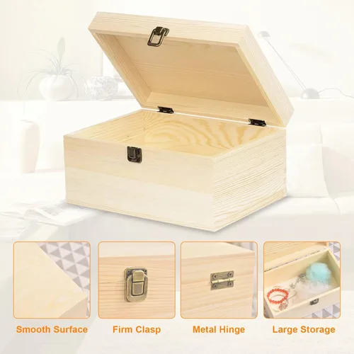 Vista 3 de Paquete de 2 cajas de madera sin terminar, caja grande de madera con tapa con bisagras, cierres frontales, cajas de madera natural