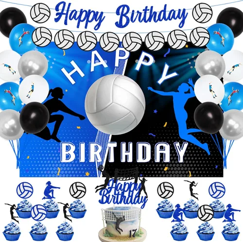 Decoraciones de cumpleaños de voleibol, 38 piezas de suministros de fiesta temática deportiva, pancarta de feliz cumpleaños, telón de fondo de