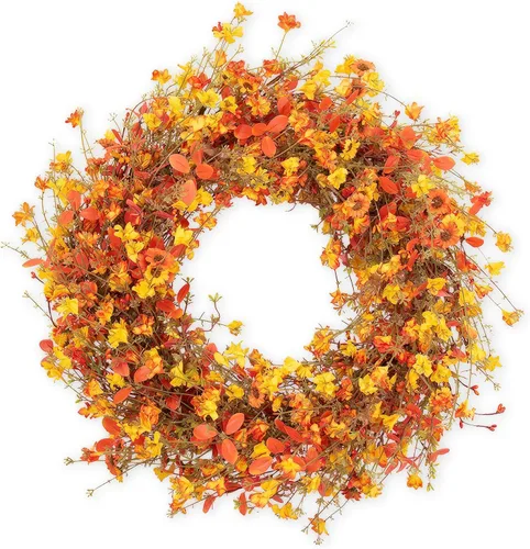 Vista 7 de Coronas de otoño de 22 pulgadas para puerta delantera, corona de otoño de eucalipto naranja artificial con margaritas jazmín, corona de flores