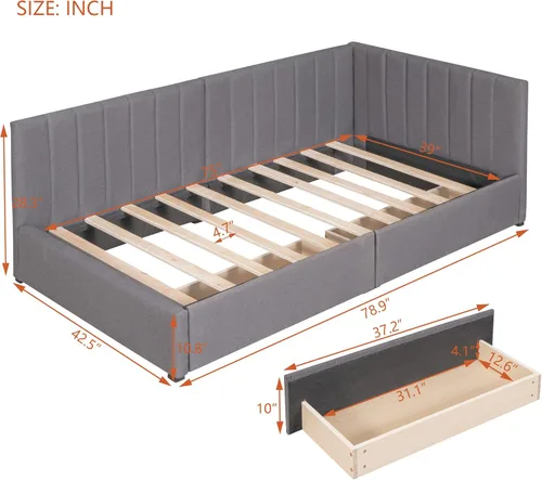 Vista 37 de Sofá cama de tamaño individual con 2 cajones y barandilla rústica, cama de plataforma capitán de madera con soporte de listones resistente, sofá