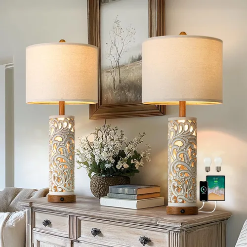 Vista 15 de OYEARS Lámpara de mesa de granja de 22 pulgadas para sala de estar, lámpara de noche con 2 puertos USB para dormitorio, lámpara de mesita de noche