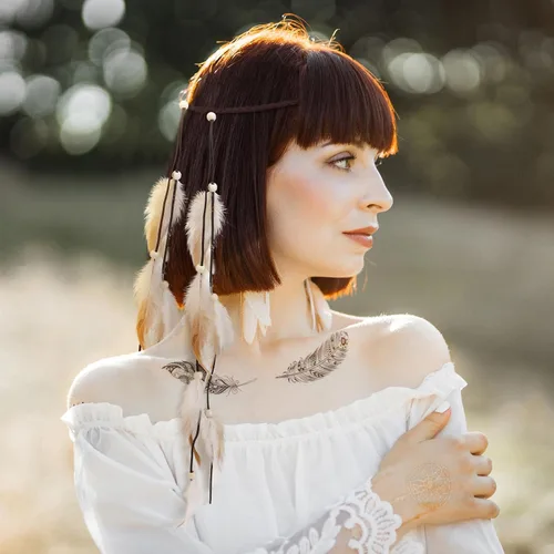 Vista 6 de Diadema de plumas hippie para mujer, accesorios hippie, diadema india, accesorios para el cabello de plumas para disfraz (estilo elegante)