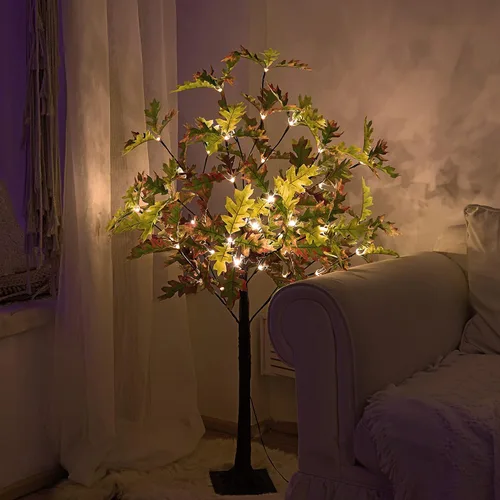 Vista 3 de Lightshare Árbol de roble iluminado de 4 pies con 48 LED, color blanco cálido, vegetación artificial con luces para boda, vacaciones, hogar, fiesta