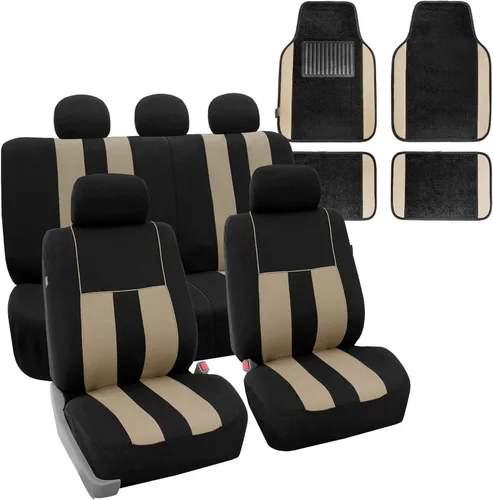 FH Group - Juego completo de fundas de asiento de automóvil a rayas llamativas, compatibles con bolsas de aire y listas para dividir con alfombras