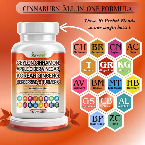 Vista 2 de Complejo de canela de Ceilán con vinagre de sidra de manzana berberina más melón amargo Gymnema Ginseng cromo y cúrcuma cardo mariano - 60