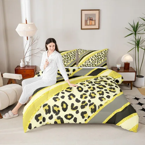 Vista 45 de Juego de edredón con estampado de leopardo para niños, tamaño individual, juego de ropa de cama de moda de piel de guepardo abstracto, decoración