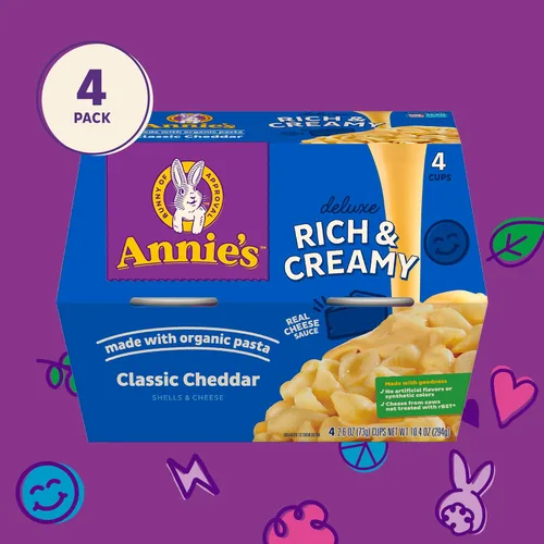 Vista 5 de Annie's Classic Cheddar Deluxe - Macarrones con queso para microondas ricos y cremosos con pasta orgánica, 4 unidades, tazas de 2.6 onzas