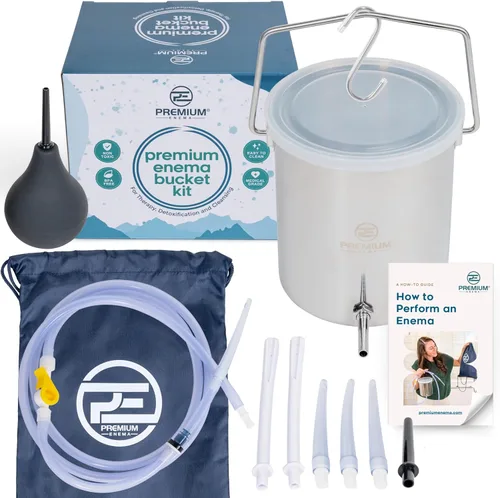 Kit de enema de acero inoxidable PE Premium Enema para limpieza de colon - Cubo de 2 cuartos de galón con manguera de 6.75 pies, 7 puntas para