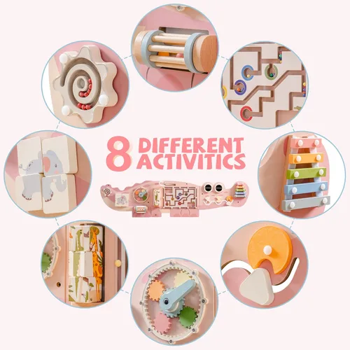 Vista 9 de ROBOTIME Tablero Ocupado de Cocodrilo Paneles de Pared para Niños Pequeños, Tablero de Actividades Sensoriales Montessori Rosa, Centro