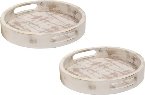 Vista 2 de Bandeja decorativa para mesa de café, juego de 2 bandejas redondas de madera para sala de estar, otomana de madera o mesa auxiliar, bandeja