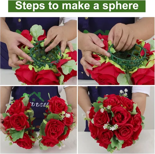 Vista 5 de 6 centros de mesa de bola de flores artificiales para boda, rosas de seda rojas, bolas de beso, arreglos florales románticos para compromiso, boda